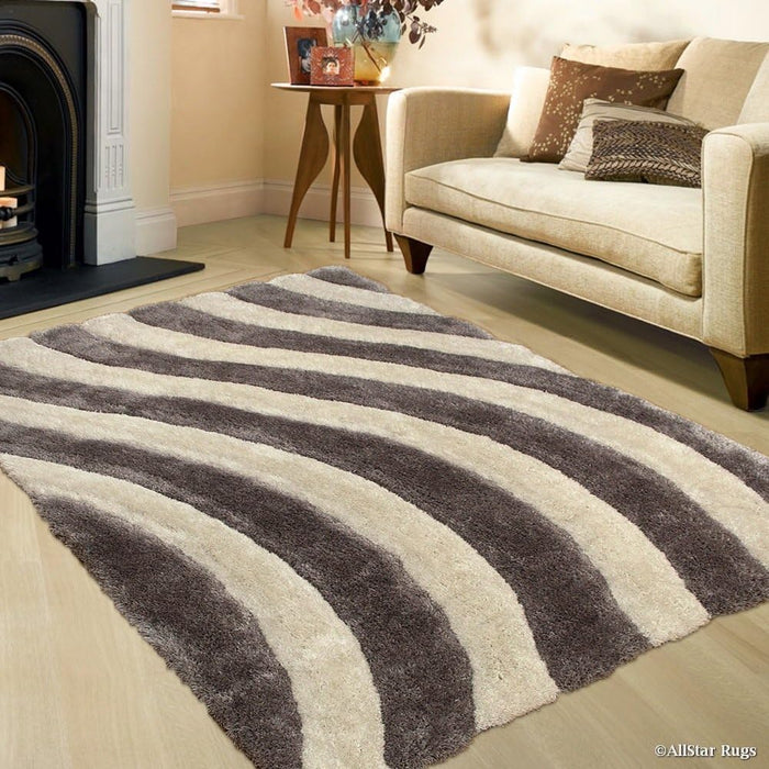 5x7 (4' 11" x 6' 11") Silver Allstar Modern and Contemporary Hand Carved Rectangular Shag Accent Rug with Ivory Abstract Parallel Wavy Stripe Design