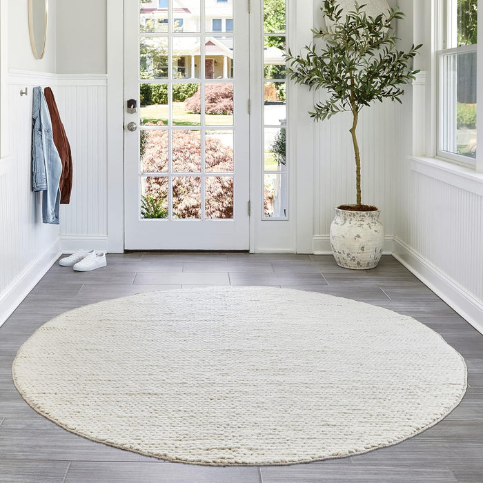 4 Round Off White Penelope Wool Braided Handmade Area Rug, Solid Rustic Farmhouse Style, For Bedroom, Living Room, Hallway, Entryway