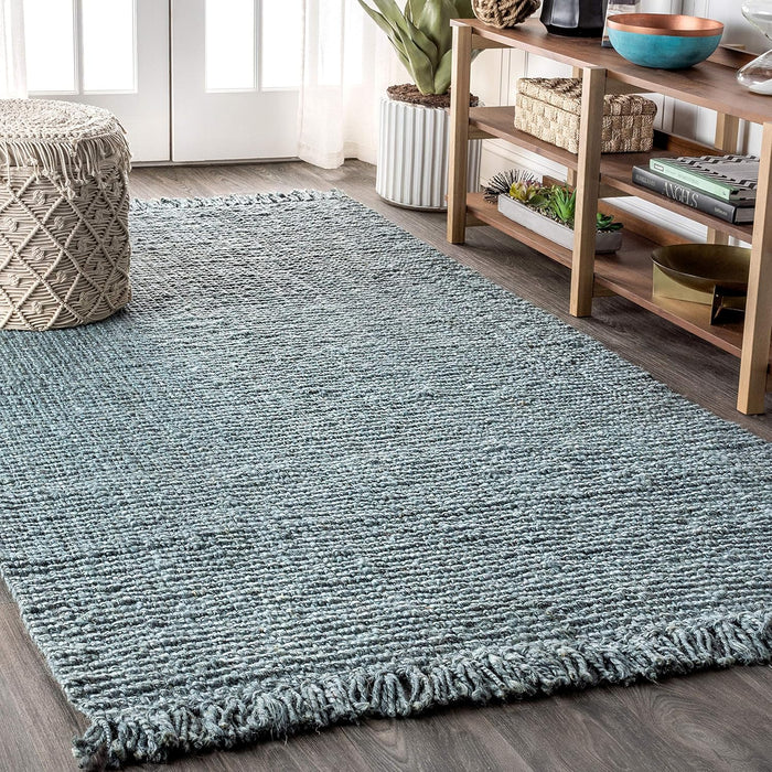 3 ft x 5 ft, Light Blue/Gray Hand Woven Chunky Jute with Fringe Indoor Area -Rug Bohemian Farmhouse