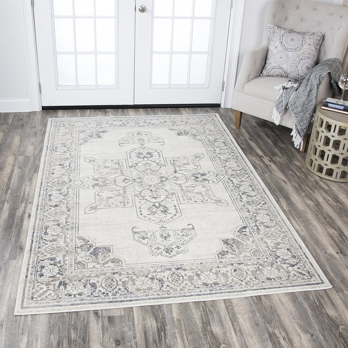 5'3" x 7'6" Natural Beige Gray Dark Gray Central Medallion Motif Distress Polypropylene Area Rug by Rizzy Home