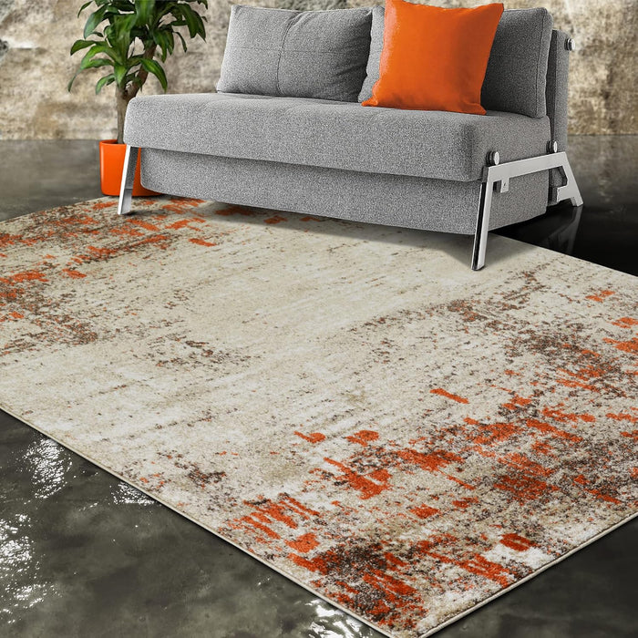 5x7 (4' 11" x 6' 11") Mocha Modern & Contemporary Rectangular Accent Rug with Ivory and Orange Abstract Modern Distressed Design by Allstar Rugs
