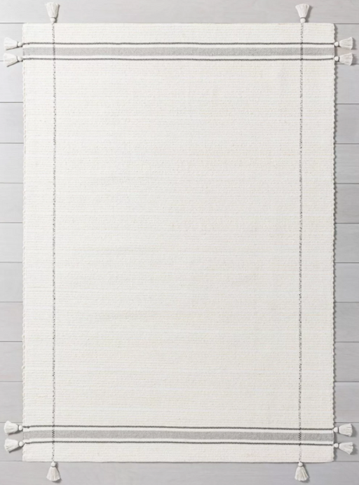 Size 5' x 7' Color White/Gray Hand Made Simple Border Stripe with Corner Tassel Rug