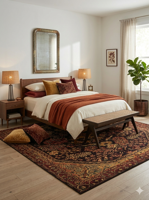 7' x 7' Square Burgundy Gold Floral Medallion Traditional Area Rug styled in a bedroom with warm wood furniture and layered bedding.