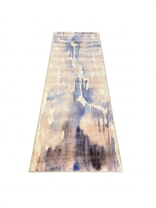 2.8' x 8' runner beige & blue abstract watercolor modern area rug isolated on a white background.