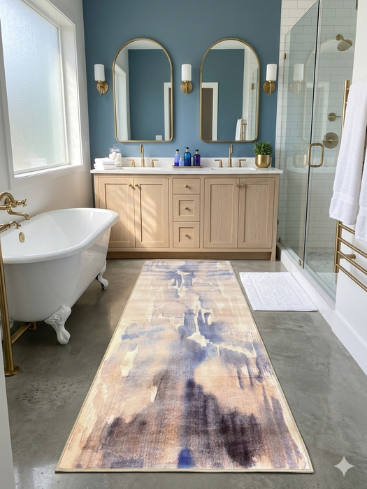 2.8' x 8' runner beige & blue abstract watercolor modern area rug placed in a bright bathroom with dual vanities and a freestanding tub.