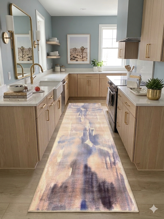 2.8' x 8' runner beige & blue abstract watercolor modern area rug placed in a modern kitchen with light cabinetry and brass accents.