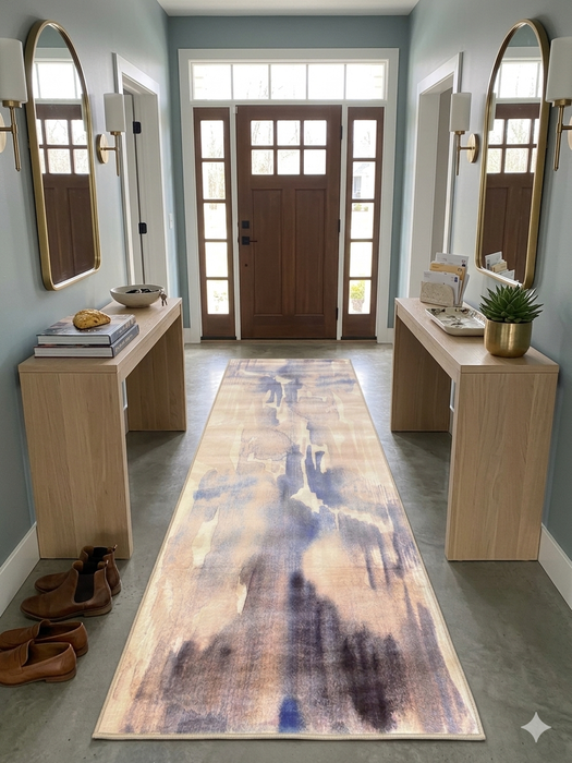 2.8' x 8' runner beige & blue abstract watercolor modern area rug styled in an entryway with light wood furniture and soft blue walls.