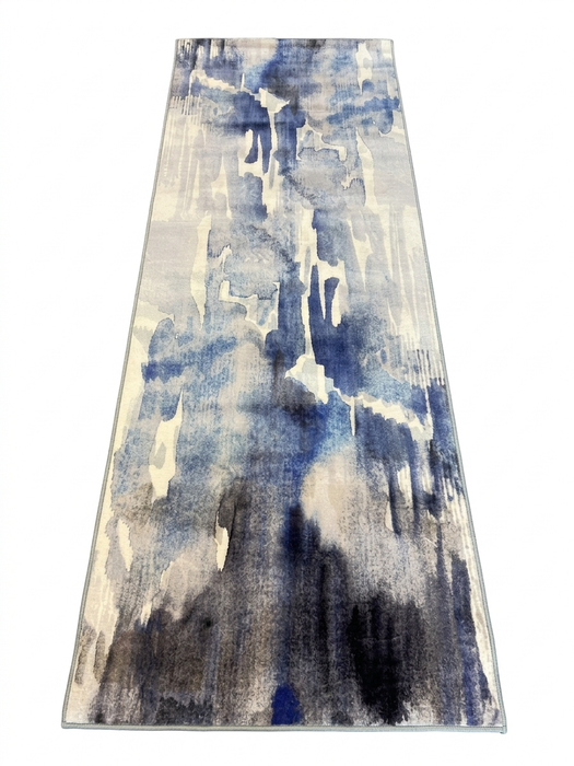 2.8' x 8' runner ivory & blue abstract watercolor modern area rug isolated on a white background.
