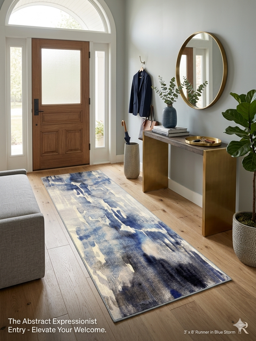 2.8' x 8' runner ivory & blue abstract watercolor modern area rug placed in a bright entryway with a wooden console table and round mirror.