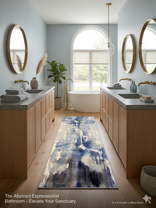 2.8' x 8' runner ivory & blue abstract watercolor modern area rug placed in a serene bathroom with dual vanities and a freestanding tub.