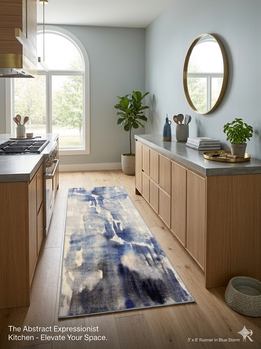 2.8' x 8' runner ivory & blue abstract watercolor modern area rug styled in a modern kitchen with light wood cabinetry and soft natural light.