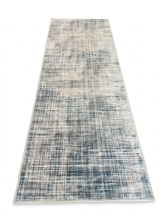 2.8' x 8' runner ivory & blue distressed linear modern area rug isolated on a white background.