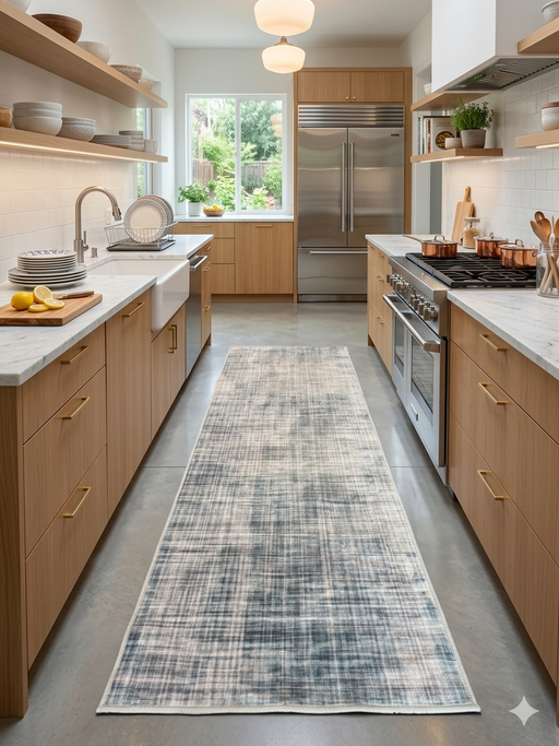2.8' x 8' runner ivory & blue distressed linear modern area rug placed in a bright kitchen with light wood cabinetry and stainless steel appliances.