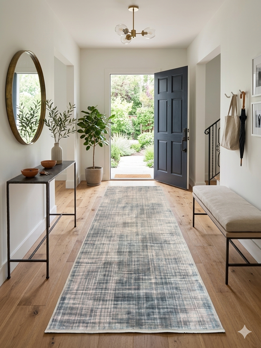 2.8' x 8' runner ivory & blue distressed linear modern area rug styled in an entryway with a wooden bench, console table, and natural light.