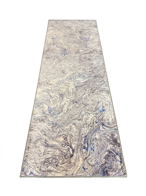 2.8' x 8' runner ivory gray & blue marble swirl abstract modern area rug isolated on a white background.