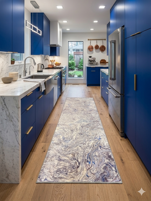2.8' x 8' runner ivory gray & blue marble swirl abstract modern area rug placed in a contemporary kitchen with blue cabinetry, marble countertops, and wood flooring.
