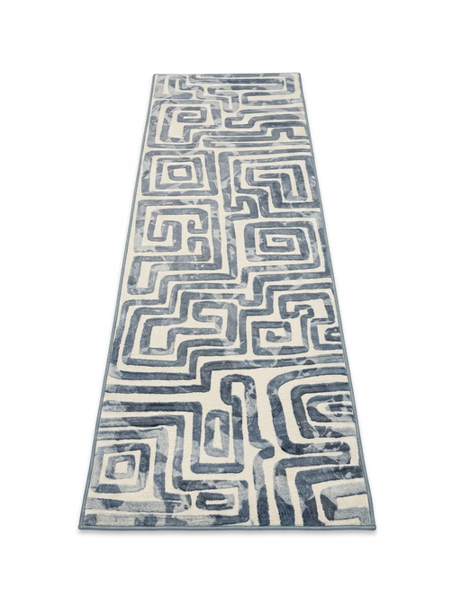 2.8' x 8' runner ivory & gray geometric maze modern area rug isolated on a white background.