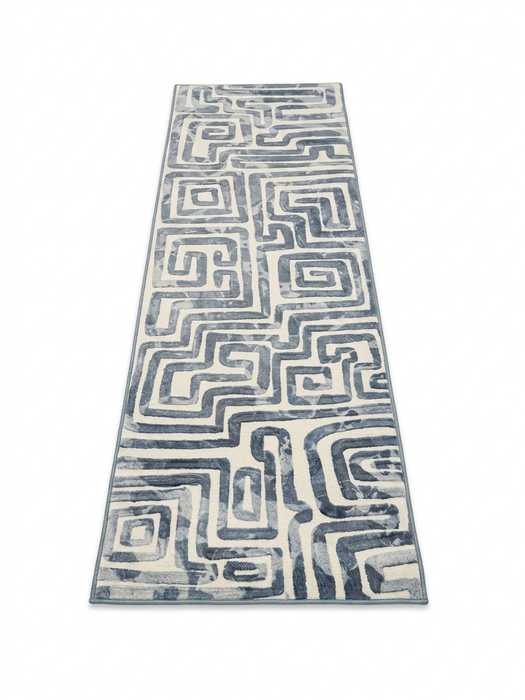 2.8' x 8' runner ivory & gray geometric maze modern area rug isolated on a white background.
