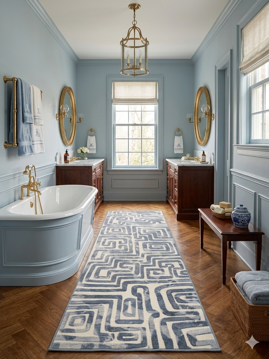 2.8' x 8' runner ivory & gray geometric maze modern area rug placed in a bright bathroom with dual vanities and elegant fixtures.