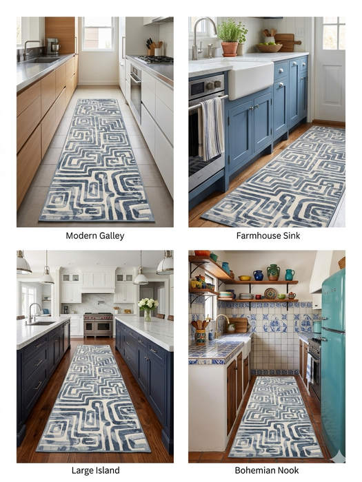 2.8' x 8' runner ivory & gray geometric maze modern area rug placed in a stylish kitchen with mixed cabinetry and modern finishes.