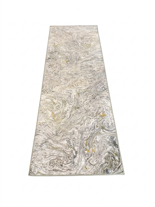 2.8' x 8' runner ivory & gray marble swirl abstract modern area rug isolated on a white background.