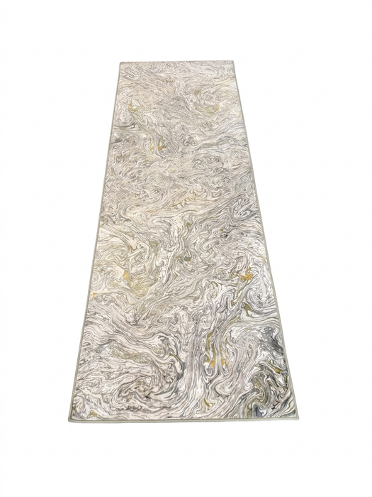 2.8' x 8' runner ivory & gray marble swirl abstract modern area rug isolated on a white background.