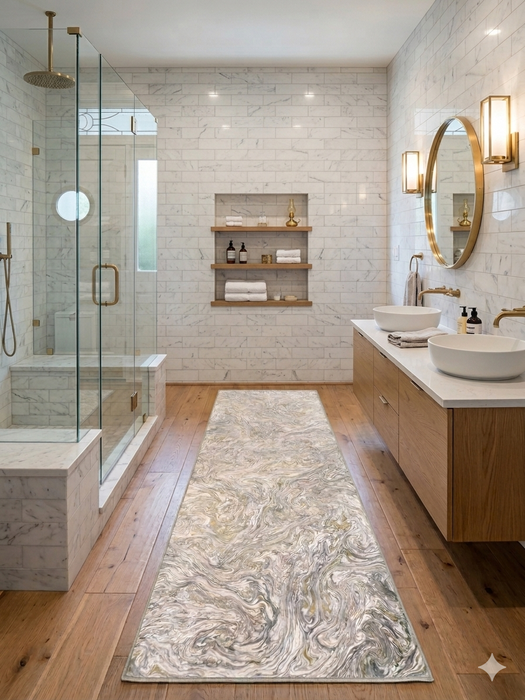 2.8' x 8' runner ivory & gray marble swirl abstract modern area rug placed in a bathroom with marble tile, double vanity, and warm wood accents.