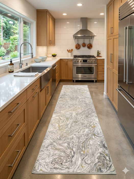 2.8' x 8' runner ivory & gray marble swirl abstract modern area rug placed in a bright kitchen with wood cabinetry, stainless appliances, and clean white surfaces.