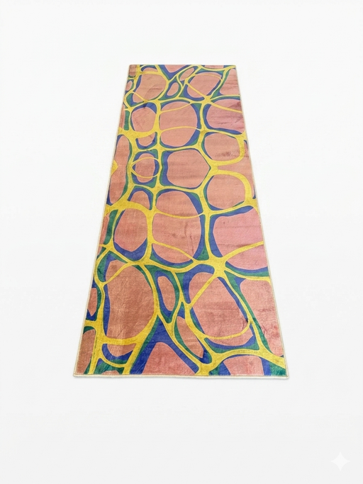 2.8' x 8' runner multicolor terracotta & blue abstract organic geometric modern area rug isolated on a white background.