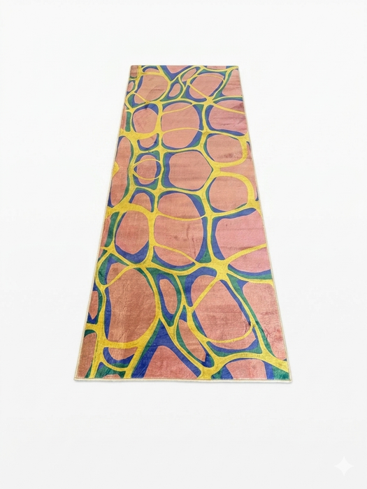 2.8' x 8' runner multicolor terracotta & blue abstract organic geometric modern area rug isolated on a white background.