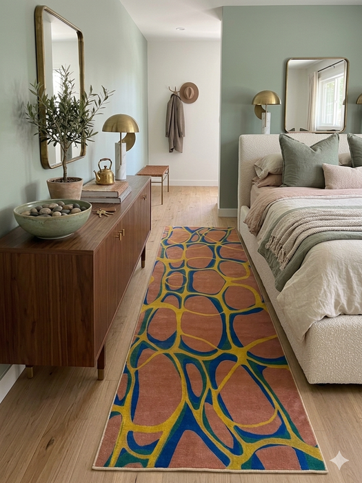 2.8' x 8' runner multicolor terracotta & blue abstract organic geometric modern area rug placed beside a bed in a cozy bedroom with soft neutral bedding and wood furniture.