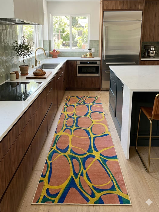 2.8' x 8' runner multicolor terracotta & blue abstract organic geometric modern area rug placed in a bright kitchen with wood cabinetry, white countertops, and light wood flooring.