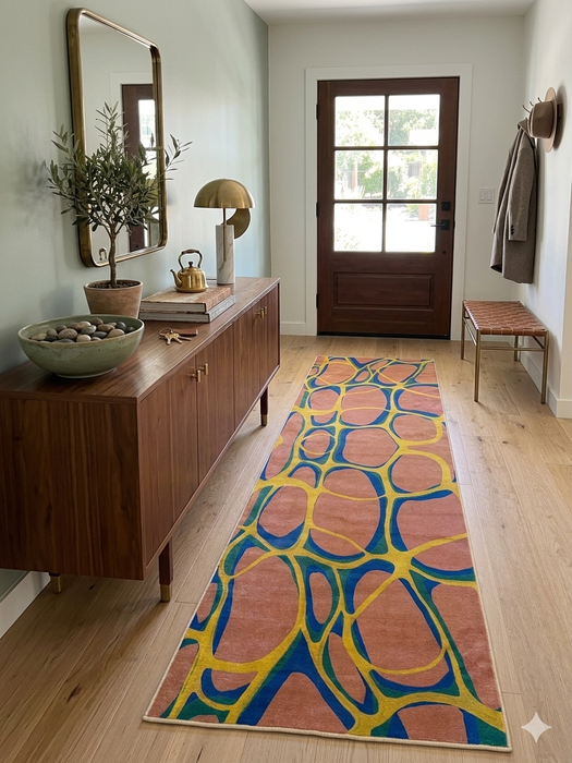 2.8' x 8' runner multicolor terracotta & blue abstract organic geometric modern area rug styled in an entryway with a wooden console table, mirror, and natural decor.