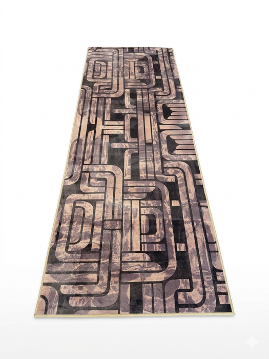 2.8' x 8' runner taupe & brown geometric maze modern area rug isolated on a white background.