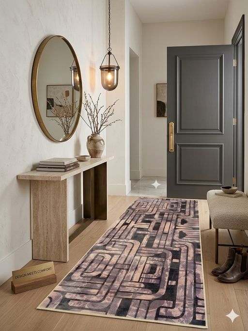 2.8' x 8' runner taupe & brown geometric maze modern area rug styled in an entryway with a console table, round mirror, and warm lighting.