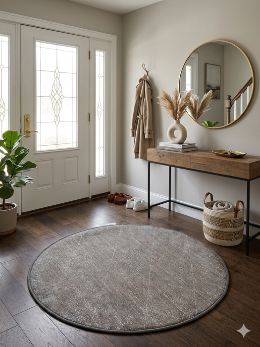3' Round Taupe Gray Distressed Minimalist Modern Washable Area Rug placed in an entryway with a console table, round mirror, and neutral decor.