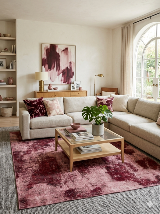 8' x 10' Rectangular Blush & Burgundy Distressed Abstract Modern Area Rug isolated on a white background.