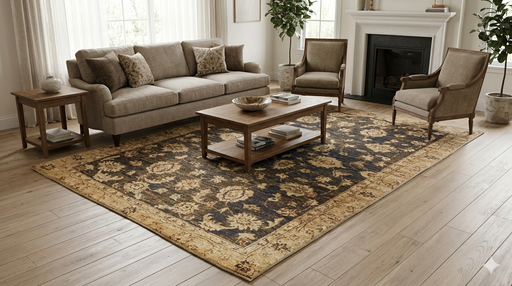 6' x 9' Rectangular Navy & Beige Floral Traditional Washable Area Rug styled in a bright living room with neutral seating, wood furniture, and a fireplace.