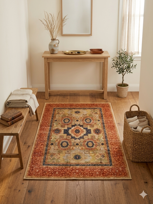 2' x 3' Rectangular Beige Rust Floral Medallion Traditional Area Rug placed in a welcoming entryway beneath a light wood console table with natural décor and woven storage basket.