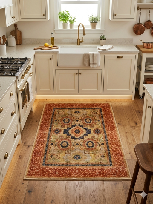 2' x 3' Rectangular Beige Rust Floral Medallion Traditional Area Rug styled in a bright farmhouse kitchen in front of a white apron sink with warm wood flooring.