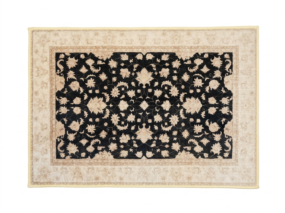 2' x 3' Rectangular Black Ivory Floral Traditional Area Rug isolated on a white background.