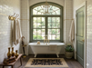 2' x 3' Rectangular Black & Ivory Floral Traditional Area Rug styled in a luxurious traditional bathroom.
