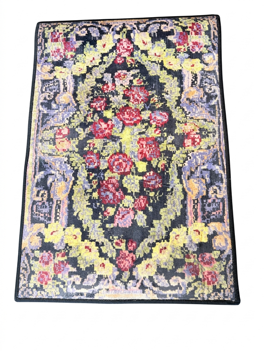2' x 3' Rectangular Black & Multicolor Floral Medallion Vintage Traditional Area Rug isolated on a white background.