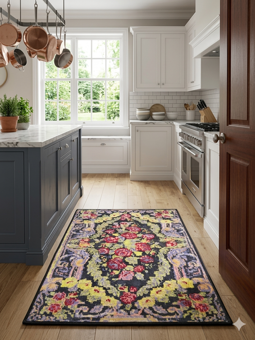 2' x 3' Rectangular Black & Multicolor Floral Medallion Vintage Traditional Area Rug styled in a bright kitchen.