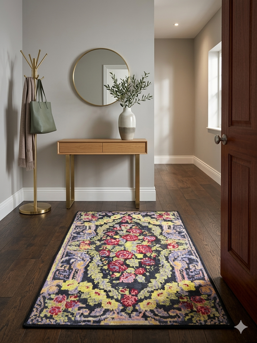 2' x 3' Rectangular Black & Multicolor Floral Medallion Vintage Traditional Area Rug styled in a modern entryway.