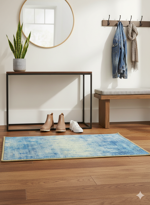2' x 3' Rectangular Blue Abstract Washable Area Rug placed in a modern entryway with a sleek console table, coat hooks, and warm wooden floors.