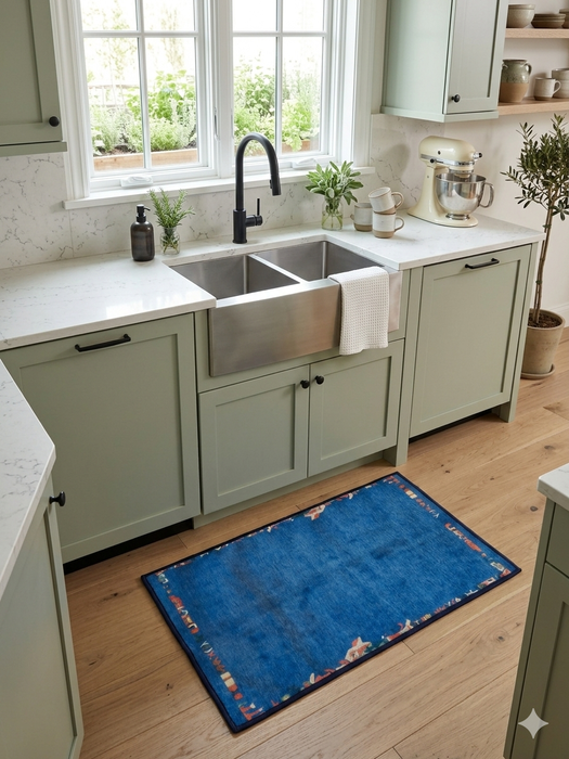 2' x 3' Rectangular Blue Multicolor Border Modern Washable Area Rug placed in a bright kitchen in front of a farmhouse sink and sage green cabinets.