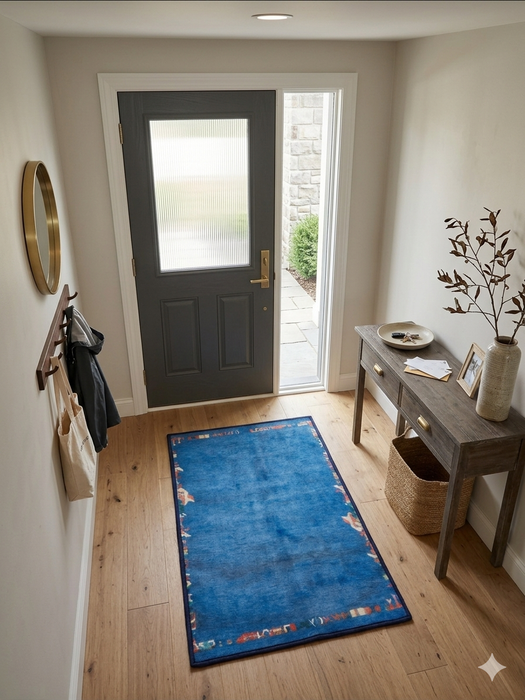 2' x 3' Rectangular Blue Multicolor Border Modern Washable Area Rug styled in a welcoming entryway with a gray front door and wood console table.