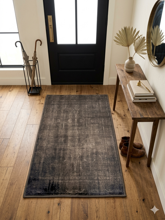 2' x 3' Rectangular Brown Distressed Minimalist Vintage Area Rug styled in an entryway hallway