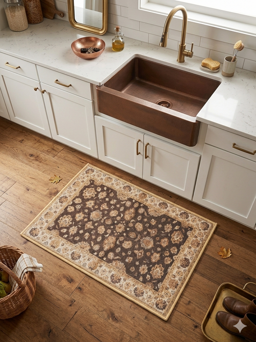 2' x 3' Rectangular Brown & Ivory Floral Traditional Washable Area Rug styled in a bright farmhouse kitchen in front of a copper sink.